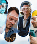 People wearing Ten Pack Anti Fog Lab Goggles Over Glasses Safety Eyewear in lab, woodworking, painting, and construction settings