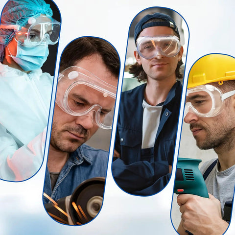 People wearing Ten Pack Anti Fog Lab Goggles Over Glasses Safety Eyewear in lab, woodworking, painting, and construction settings