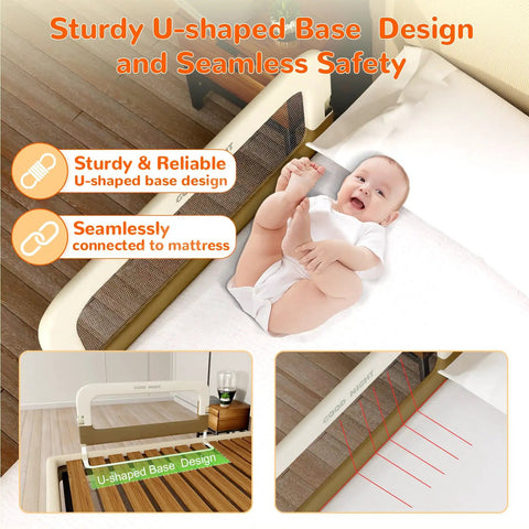32 Inch Adjustable Folding Bed Rail Guard For Toddlers And Babies, Portable Bed Rail with baby on bed showcasing sturdy U-shaped frame