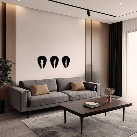 Living room with Set Of 3 Black Guitar Silhouette Wall Art On Engineered Wood 11x40 Inch Modern Wall Decor above sofa.