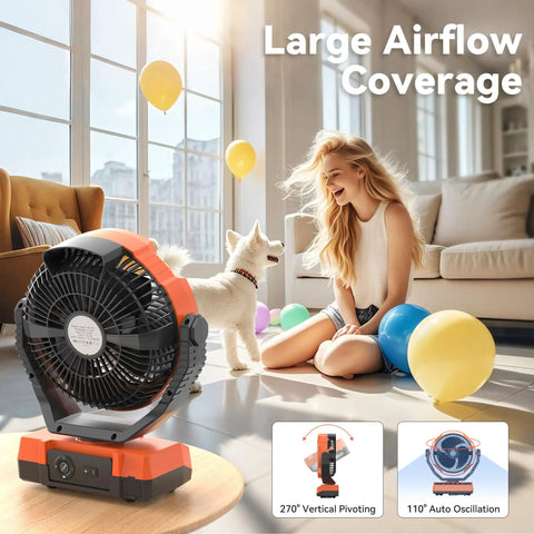 Living room with 20000mAh Battery Powered Camping Fan With Four Speeds, 110 Hours Of Cool On Low, USB Rechargeable Desk Fan