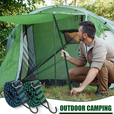 Man using 8 Pack 80 Inch Adjustable Flat Bungee Cords With Hooks And Buckles for tent setup, outdoor camping scene