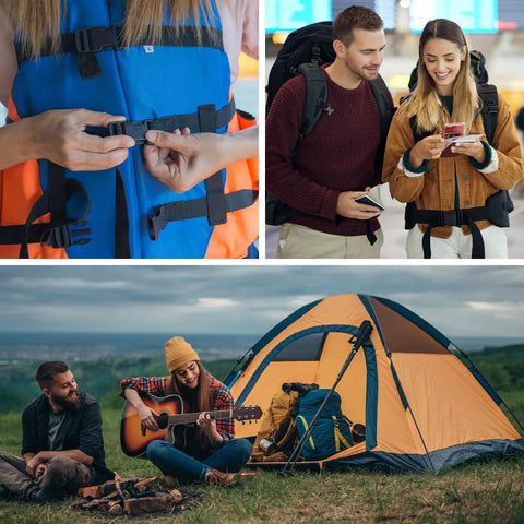 Collage showing 2 Pack 1-1/2 Inch Side Release Buckles used on life jacket and backpacks in outdoor and travel settings