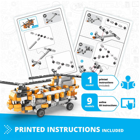 Inventor STEM Toys Motorized Double Blade Helicopter Building Kit with printed instructions and model image.
