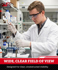 Man in lab coat wearing Anti-Fog Safety Glasses With Scratch-Resistant Wraparound Lenses, ANSI Z87.1 Plus Impact Rated, EN 166 N Certified, conducting an experiment.