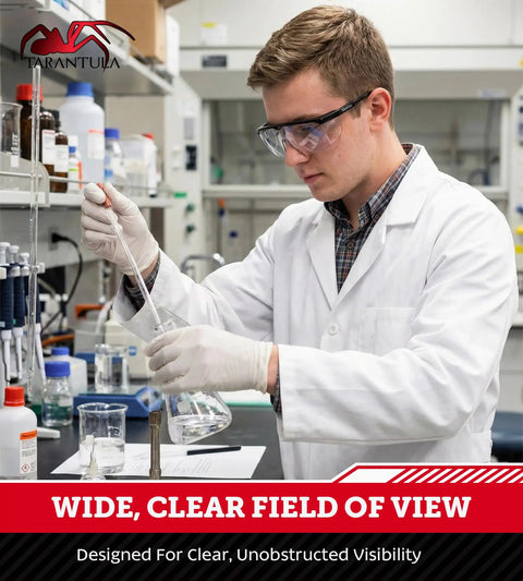 Man in lab coat wearing Anti-Fog Safety Glasses With Scratch-Resistant Wraparound Lenses, ANSI Z87.1 Plus Impact Rated, EN 166 N Certified, conducting an experiment.