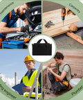 Close Top Wide Mouth Canvas Tool Organizer Bag With Large Capacity For Home And Garage Storage The Go To For Screwdrivers, Wrenches, Pliers And Other Hand Tools, 12 Inch Portable Tool Tote You Can Take Anywhere surrounded by images of professionals like mechanics and carpenters using tools.