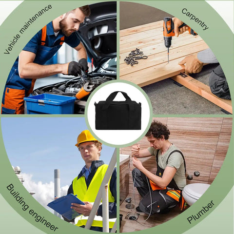 Close Top Wide Mouth Canvas Tool Organizer Bag With Large Capacity For Home And Garage Storage The Go To For Screwdrivers, Wrenches, Pliers And Other Hand Tools, 12 Inch Portable Tool Tote You Can Take Anywhere surrounded by images of professionals like mechanics and carpenters using tools.