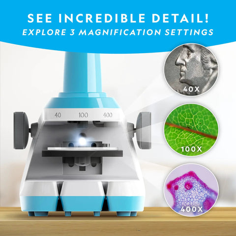 Beginner Kid Microscope Kit With 400x Zoom showing three magnification levels and large focus knobs for STEM exploration.