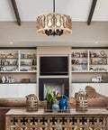 Living room with 23-Inch 7-Light Rustic Wood Drum Chandelier With Metal Accents, vintage farmhouse pendant fixture