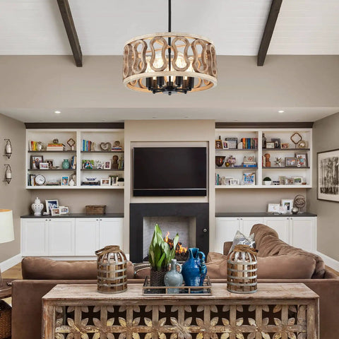 Living room with 23-Inch 7-Light Rustic Wood Drum Chandelier With Metal Accents, vintage farmhouse pendant fixture