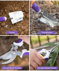 Four tools from Purple Garden Tool Set For Women 11-Piece Heavy Duty Gardening Kit with trowel, transplanter, curved and straight pruners