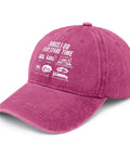 Funny Spare Time RV Camper Hat For Women In Distressed Washed Pomegranate Red with white graphic text and adjustable strap.