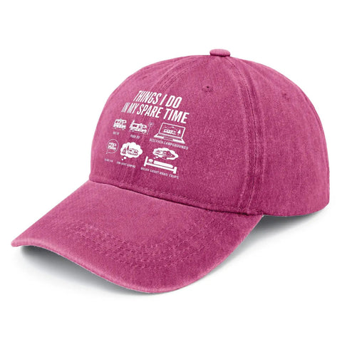Funny Spare Time RV Camper Hat For Women In Distressed Washed Pomegranate Red with white graphic text and adjustable strap.