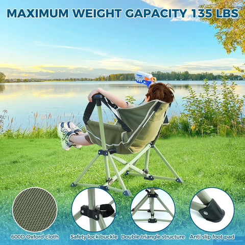Child relaxing in Kids Hammock Chair with Stand by a lake, showcasing adjustable folding camping chair for travel, supports 135 lbs.
