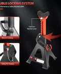 Pair of orange 3-ton car jack stands with rubber-padded saddle and double-locking lever