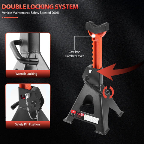 Pair of orange 3-ton car jack stands with rubber-padded saddle and double-locking lever