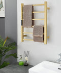 Gold Six Bar Wall Mounted Towel Warmer Rack With Timer Stainless Steel Electric Heated Rail in bathroom setting