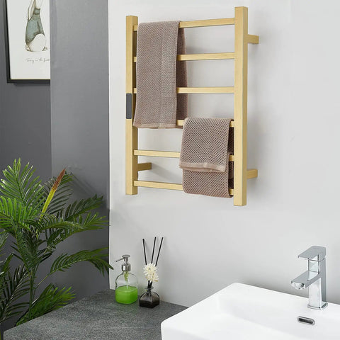 Gold Six Bar Wall Mounted Towel Warmer Rack With Timer Stainless Steel Electric Heated Rail in bathroom setting