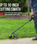 User operating 40 Volt Brushless Cordless String Trimmer With 16 Inch Cut Width, cutting grass with ease.