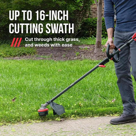 User operating 40 Volt Brushless Cordless String Trimmer With 16 Inch Cut Width, cutting grass with ease.