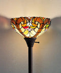 Tiffany Torchiere Floor Lamp With Stained Glass Shade, 70 Inch Tall Antique Style Standing Light, Dark Bronze Resin Base Close-up