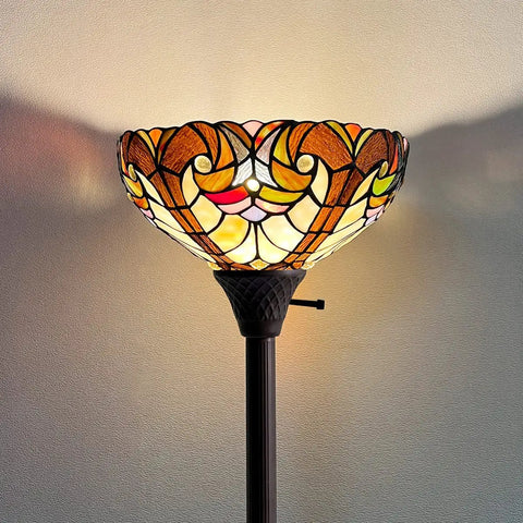 Tiffany Torchiere Floor Lamp With Stained Glass Shade, 70 Inch Tall Antique Style Standing Light, Dark Bronze Resin Base Close-up
