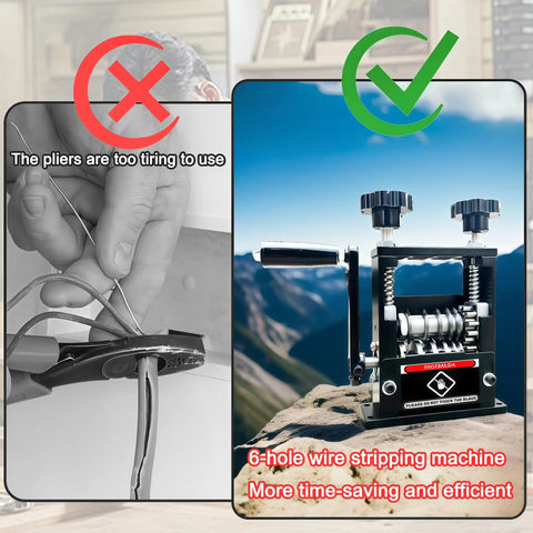 Compare pliers and Drill Powered Wire Stripper Tool With Hand Crank 6 Channel System And 5 Carbide Blades on mountain