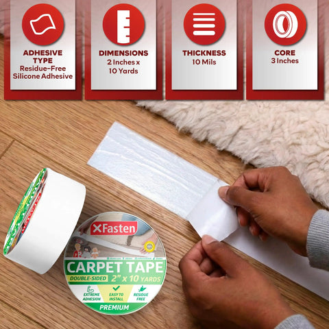 Person applying Heavy Duty Double Sided Carpet Tape For Hardwood Floors 2 Inch By 10 Yards No Residue Silicone Adhesive Rug Tape