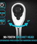 Close-up of 90-tooth ratchet head from Extra Long 12 Inch Three Eighths Inch Drive Ratchet Wrench With Ninety Tooth Gear Dust Proof Teardrop Enclosed