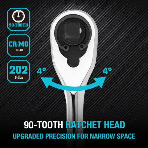 Close-up of 90-tooth ratchet head from Extra Long 12 Inch Three Eighths Inch Drive Ratchet Wrench With Ninety Tooth Gear Dust Proof Teardrop Enclosed