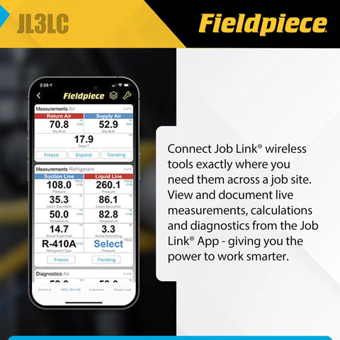 Job Link app screen displaying live HVAC measurements and diagnostics, compatible with Pro Grade Wireless Large Pipe Clamp Thermocouple.