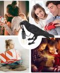 Collage with Raven Desk Lamp Dope Resin LED Bird Light and people exchanging gifts, highlighting cozy ambiance and decor versatility.