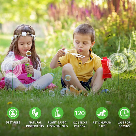 Children playing near Citronella Mosquito Repellent Incense Sticks 240 Pack For Outdoor Patio And Garden Safe For Yard Camping Fishing Plant Based Natural DEET Free Pet Friendly Indoor Use