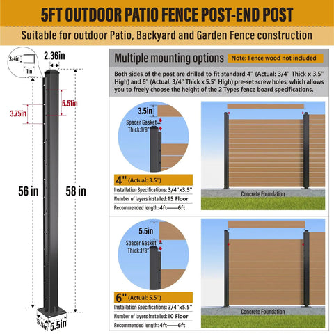 Q235A Steel 5Ft Heavy Duty Fence Post End Post For Outdoor Patio Backyard And Garden Bracket Construction Matte Black 2 Pack Pre Drilled Screw Holes For Easy Install Pro Grade Rugged Build