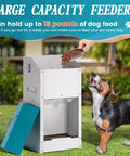 Top Notch Galvanized Gravity Auto Dog Feeder With 15 Lb Size and Rust Resistant Stainless Steel Shovel dispensing kibble outdoors.