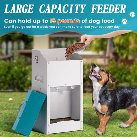 Top Notch Galvanized Gravity Auto Dog Feeder With 15 Lb Size and Rust Resistant Stainless Steel Shovel dispensing kibble outdoors.