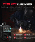 Dual Voltage 50A Pilot Arc Plasma Cutter With LED Display And Air Sensor, 110 220V Inverter, operator using cutter for metalwork.