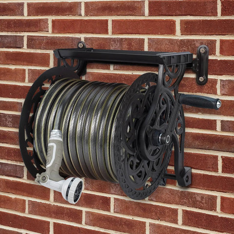 Wall Mount Garden Hose Reel For Outdoor Use, Holds Up To 125 Ft Of Five Eighth Inch Hose, Heavy Duty Aluminum Frame, Decorative Finish