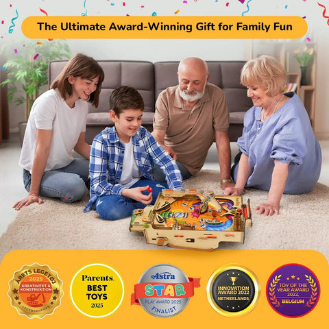Family playing DIY Pinball Machine For Kids 8 To 14, Arcade Grade, No Screen STEM Toy in living room, award-winning product