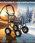 Garden Hose Reel Cart With 250 Ft Capacity, 10 Inch Pneumatic Tires, shown on snowy terrain with trees in background