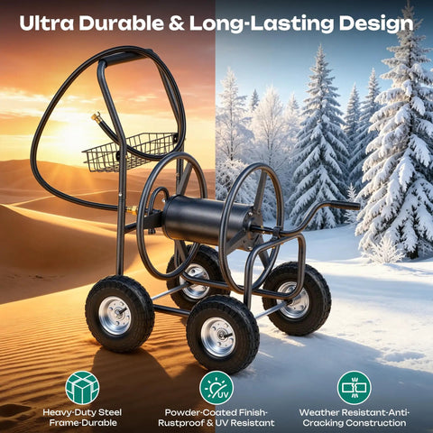 Garden Hose Reel Cart With 250 Ft Capacity, 10 Inch Pneumatic Tires, shown on snowy terrain with trees in background
