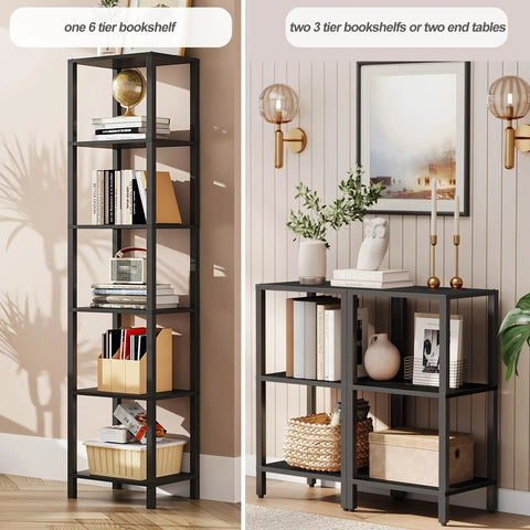 Tall Narrow Bookshelf Featuring Six Tier Open Shelves Compact Slim Design Versatile End Table Pair, showcasing one 6 tier shelf.