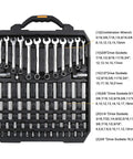 192 Piece Mechanics Tool Set With Socket Wrenches In A Heavy Duty Plastic Case displayed with ratchets and sockets