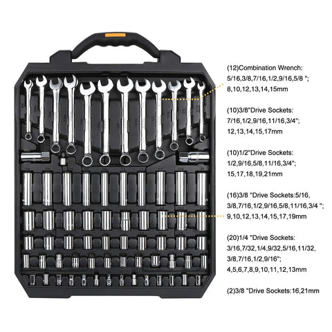 192 Piece Mechanics Tool Set With Socket Wrenches In A Heavy Duty Plastic Case displayed with ratchets and sockets