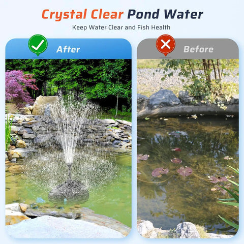 Comparison of pond water clarity before and after using Pond Filter Box With U-V Clarifier And 660GPH Fountain Pump Kit