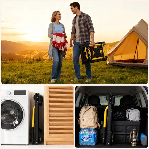 Portable folding hand truck cart for travel, camping, and moving supplies with compact, heavy-duty design and smooth wheels.