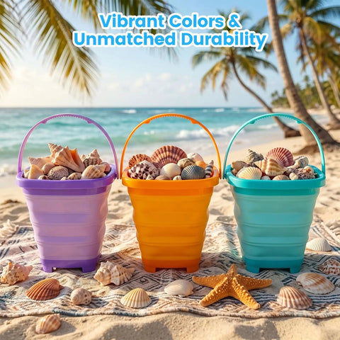 Three Pack Collapsible Beach Buckets For Kids And Toddlers, Foldable Sand Toys in Purple, Blue, Yellow on a sandy beach with shells
