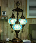 Turkish Mosaic Table Lamp With Built In LED Bulb Three Globe Sea Blue Handmade Moroccan Style Decor Tall 21.3 Inch Glass Mosaic Nightstand Light Artisan Crafted Glass Mosaic With Warm Ambient Glow For Living Room Or Bedroom