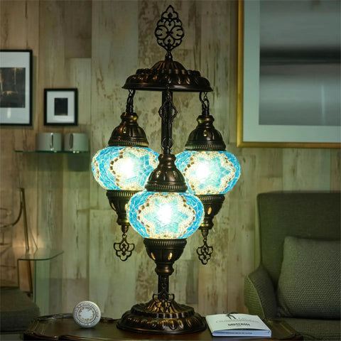 Turkish Mosaic Table Lamp With Built In LED Bulb Three Globe Sea Blue Handmade Moroccan Style Decor Tall 21.3 Inch Glass Mosaic Nightstand Light Artisan Crafted Glass Mosaic With Warm Ambient Glow For Living Room Or Bedroom